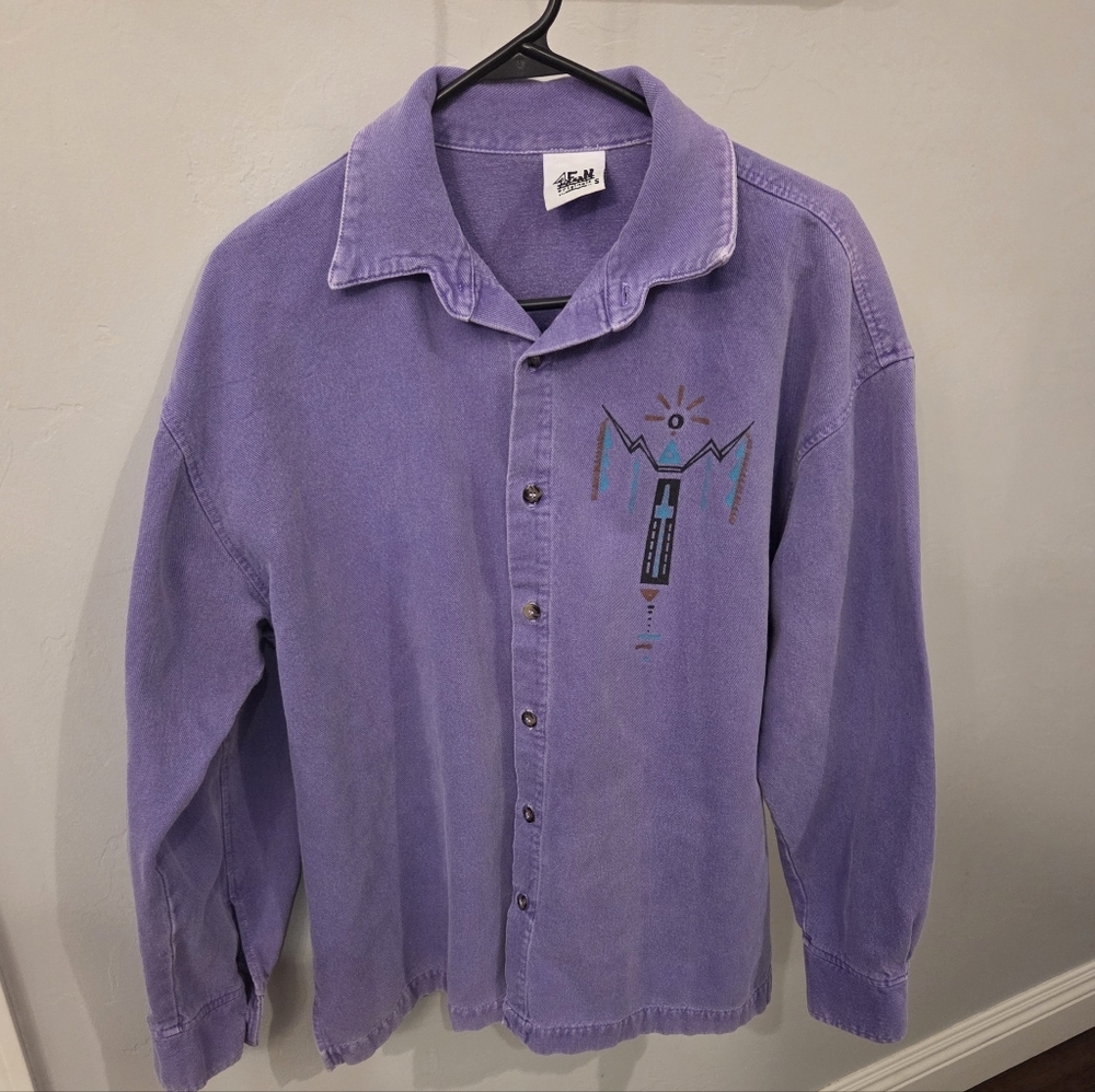 This is a vintage 1990s purple long-sleeved button-up shirt with a southewest De